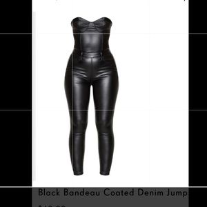 Black leather coated denim jumpsuit